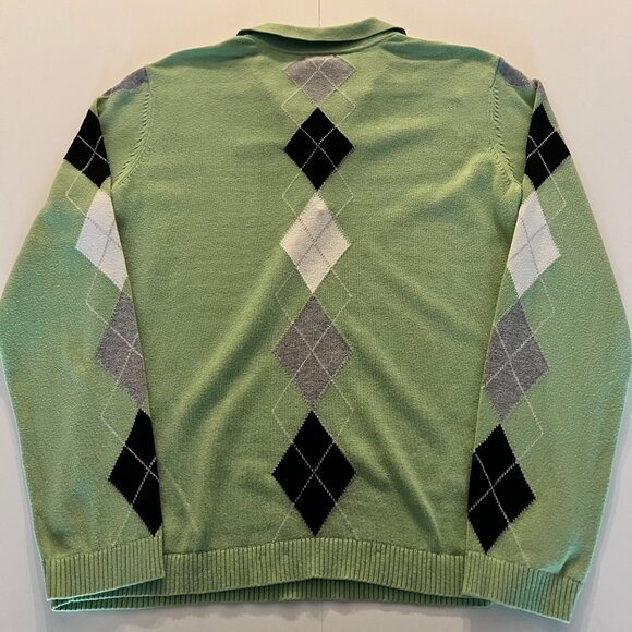 Izod Womens Green Black & White V-Neck Argyle Golf Sweater Sz M Preppy Cotton - Picture 2 of 6